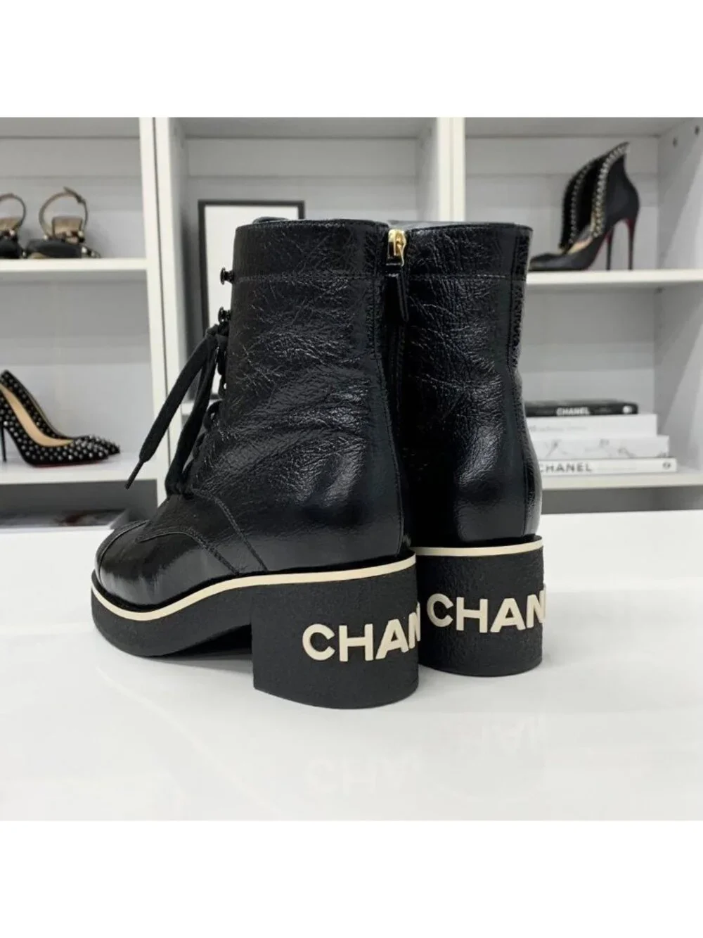 Chanel CC Logo Leather Lace Up Short Boots Black